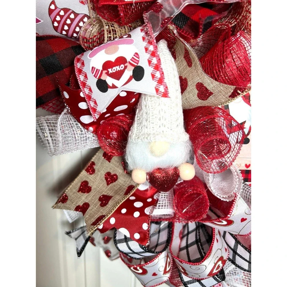 Handmade Valentine’s Gnome LOVE Ribbon Prelit Wreath 22 ins LED W11
